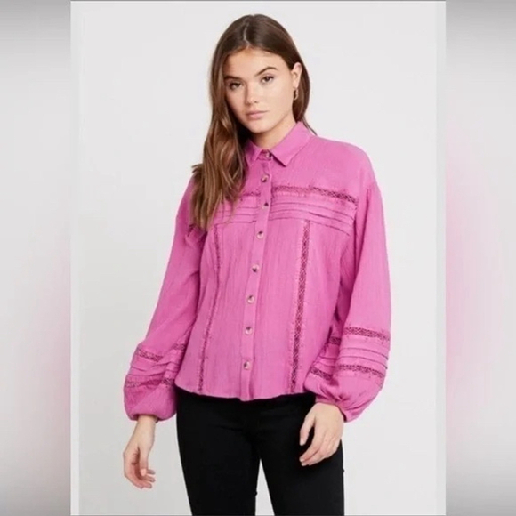 Free People Tops - Free People Summer Stars Button Down Pink Boho Shirt Size Small Cotton Crochet